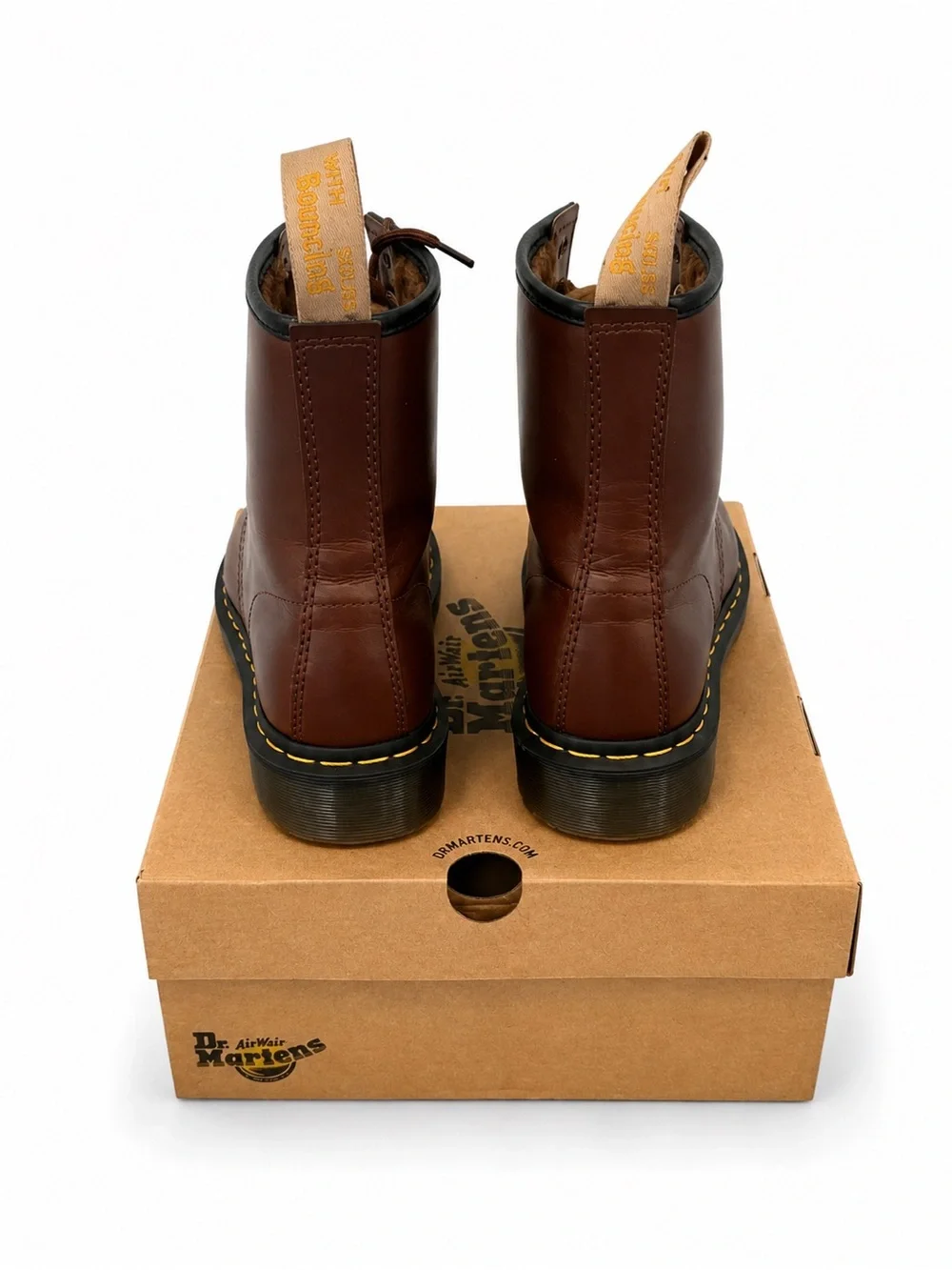Dr. Martens Brown Leather 8-Eye Lace-Up Boots with Yellow Stitching